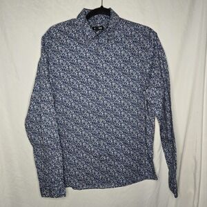 Express Floral Long Sleeve Button-Up Shirt Men's Medium Navy Stretch Career‎